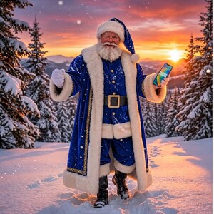 May include: A figure dressed in a long, royal blue velvet coat with thick white faux fur trim, a matching blue hat, black boots, and a black belt with a gold buckle. The figure holds a smartphone in one hand and wears white gloves.