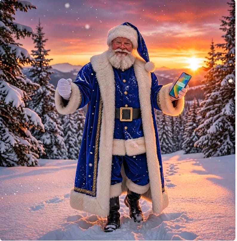 May include: A figure dressed in a long, royal blue velvet coat with thick white faux fur trim, a matching blue hat, black boots, and a black belt with a gold buckle. The figure holds a smartphone in one hand and wears white gloves.