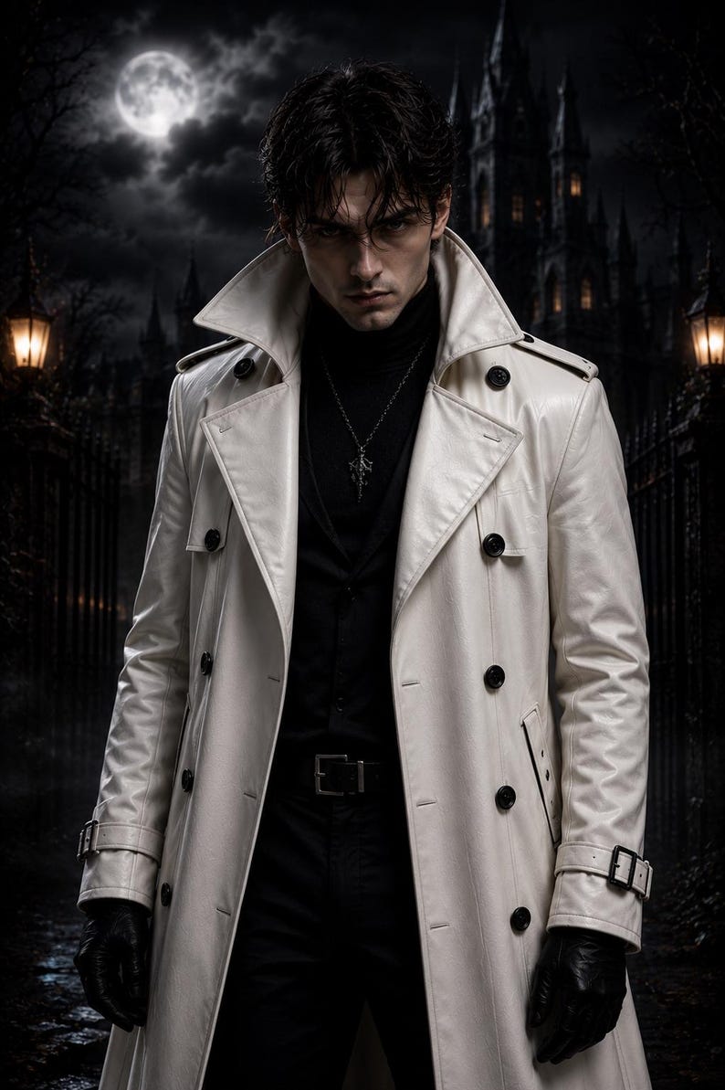 May include: A long, off-white double-breasted trench coat with black buttons, worn over a black turtleneck and black trousers. The coat features a wide collar, shoulder epaulets, and buckled sleeve straps. A silver pendant necklace is worn over the shirt.