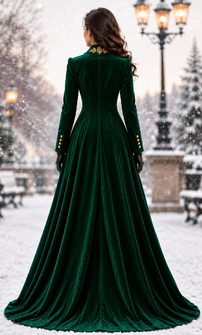 May include: A floor-length dark green velvet coat featuring long sleeves with four gold buttons on each cuff, a structured collar with gold floral embroidery, and a flared skirt. The garment is shown from the back, displaying a fitted bodice.