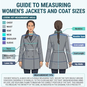 May include: An instructional diagram titled GUIDE TO MEASURING JACKETS AND COAT SIZES showing front and back views of a person wearing a gray double-breasted coat. Lines indicate measurement areas including chest, waist, seat, neck, shoulder, and sleeve.
