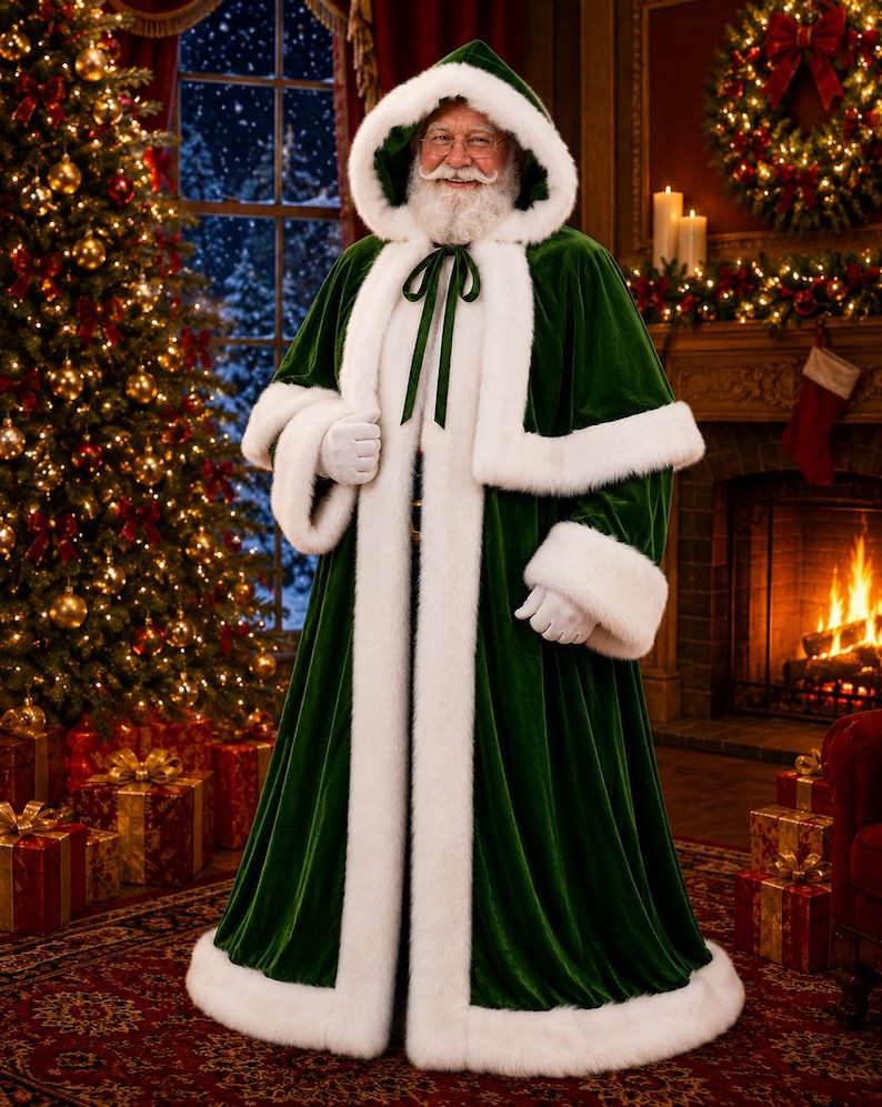 May include: A floor-length dark green velvet cloak featuring a deep hood, long sleeves, and a front opening. The garment is trimmed with thick white faux fur along the hood, cuffs, hem, and front edges, and includes a dark green ribbon tie closure.