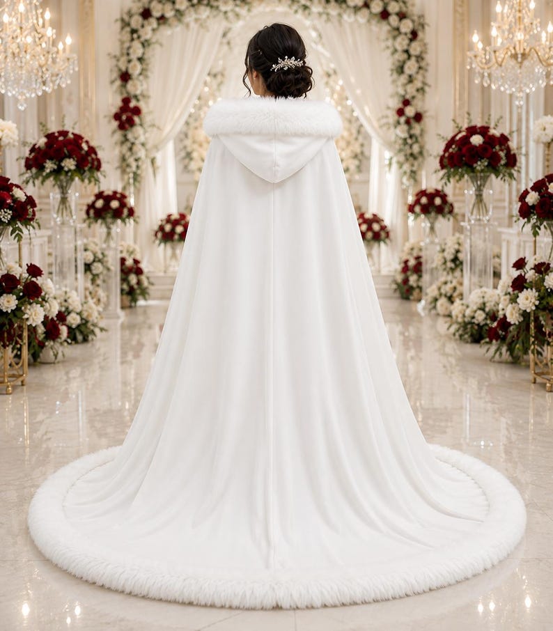 May include: A floor-length white hooded cloak featuring a thick faux fur trim along the hood and the entire circular hemline. The garment is made of a smooth, solid white fabric that drapes down from the shoulders to the floor in a full sweep.