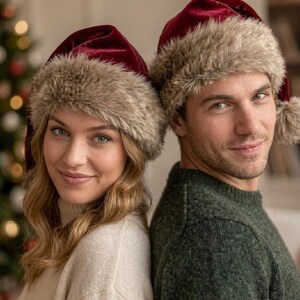 Luxury Red Santa Hat with Plush Fur Trim, Elegant Christmas Headwear, Festive Winter Holiday Hat image 9