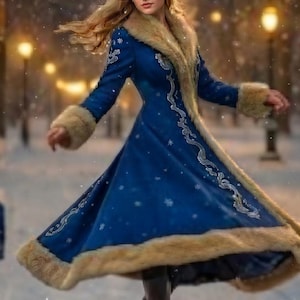 May include: A long, deep blue coat featuring a thick tan faux fur collar and cuffs, adorned with intricate silver embroidery along the front and sleeves, paired with dark boots, worn in a snowy outdoor setting with soft lighting.