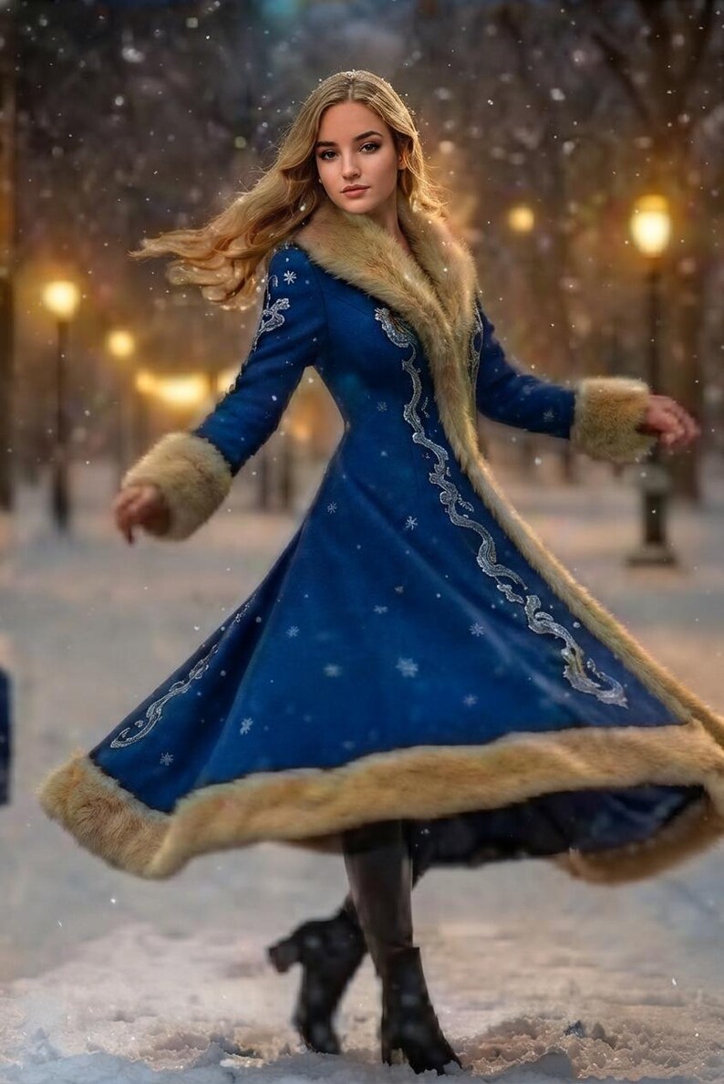 May include: A long, deep blue coat featuring a thick tan faux fur collar and cuffs, adorned with intricate silver embroidery along the front and sleeves, paired with dark boots, worn in a snowy outdoor setting with soft lighting.