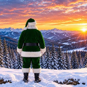 May include: A figure wearing a green velvet suit with white fur trim, including a matching hat, jacket, trousers, and black boots, standing in a snowy landscape with pine trees and distant mountains under a vibrant sunset sky.