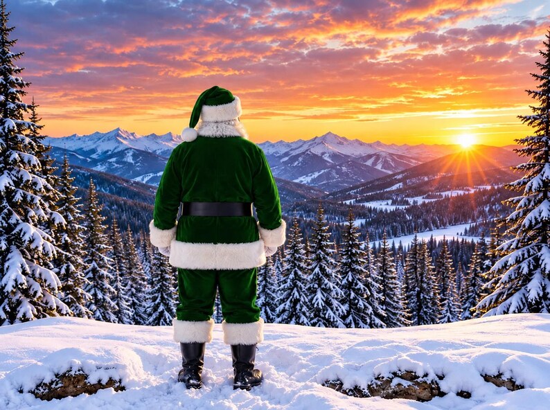 May include: A figure wearing a green velvet suit with white fur trim, including a matching hat, jacket, trousers, and black boots, standing in a snowy landscape with pine trees and distant mountains under a vibrant sunset sky.