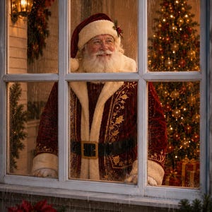May include: Santa Claus with a white beard and glasses, wearing a deep red velvet coat with gold embroidery and white fur trim, a matching hat, and a black belt with a gold buckle, standing outside a window looking into a room with a Christmas tree.