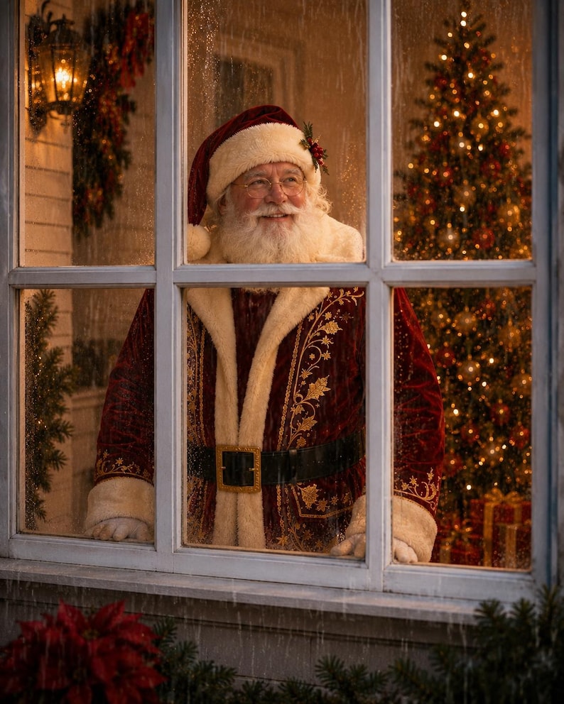 May include: Santa Claus with a white beard and glasses, wearing a deep red velvet coat with gold embroidery and white fur trim, a matching hat, and a black belt with a gold buckle, standing outside a window looking into a room with a Christmas tree.