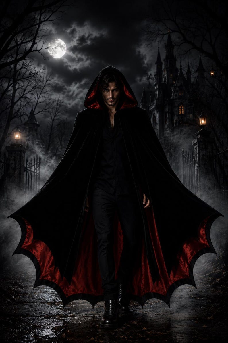 May include: A full-length black hooded cloak featuring a vibrant red satin lining and a scalloped, bat-wing style hem. The garment is worn over a black button-down shirt, black trousers, and black boots, creating a dark, layered appearance.