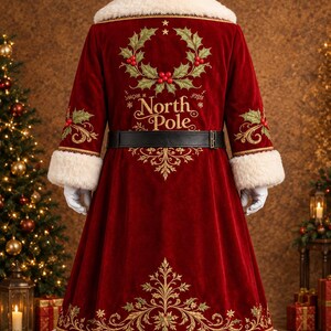 May include: A long red velvet coat with white faux fur trim on the collar, cuffs, and hem. The back features gold embroidery of a holly wreath, stars, and the text North Pole. A black belt is worn at the waist, paired with a matching red hat.
