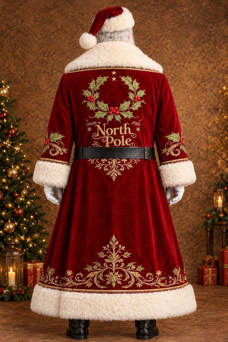 May include: A long red velvet coat with white faux fur trim on the collar, cuffs, and hem. The back features gold embroidery of a holly wreath, stars, and the text North Pole. A black belt is worn at the waist, paired with a matching red hat.