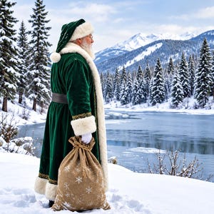 May include: A figure wearing a long, deep green velvet coat with thick white faux fur trim and a matching hat, holding a large, tan burlap sack decorated with white snowflake patterns, standing in a snowy landscape.