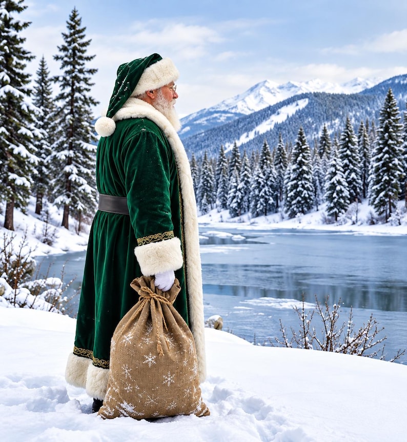 May include: A figure wearing a long, deep green velvet coat with thick white faux fur trim and a matching hat, holding a large, tan burlap sack decorated with white snowflake patterns, standing in a snowy landscape.