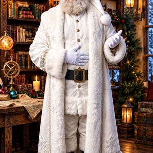 May include: A person dressed as Santa Claus wearing a long white coat with faux fur trim and silver snowflake embroidery, a matching hat, white gloves, and a black belt with a gold buckle over a white suit, standing in a library setting.