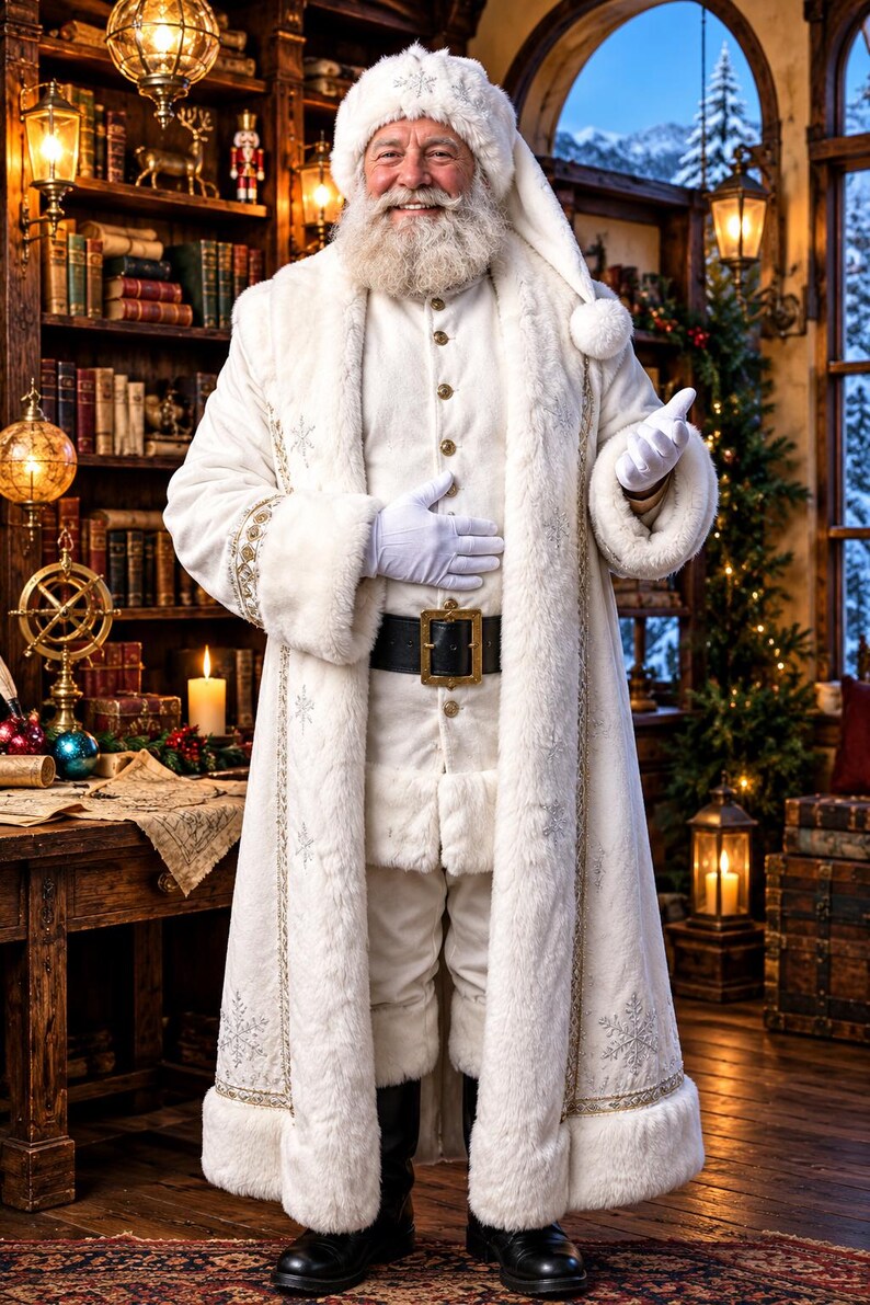 May include: A person dressed as Santa Claus wearing a long white coat with faux fur trim and silver snowflake embroidery, a matching hat, white gloves, and a black belt with a gold buckle over a white suit, standing in a library setting.