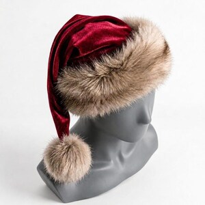 Luxury Red Santa Hat with Plush Fur Trim, Elegant Christmas Headwear, Festive Winter Holiday Hat image 12