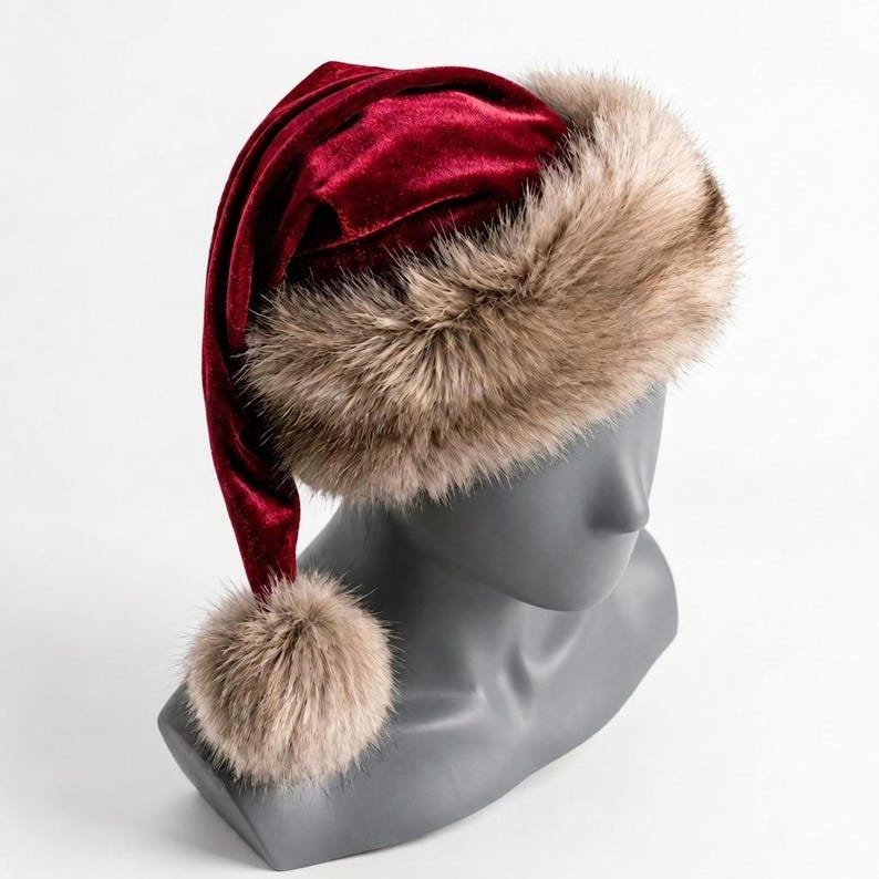 Luxury Red Santa Hat with Plush Fur Trim, Elegant Christmas Headwear, Festive Winter Holiday Hat image 12