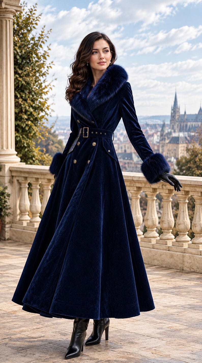 May include: A floor-length navy blue velvet coat featuring a wide faux fur collar, matching faux fur cuffs, a double-breasted front with gold-toned buttons, and a belted waist. The coat is paired with black leather gloves and black high-heeled boots.