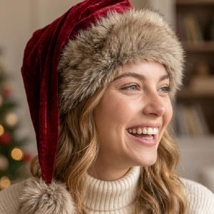 Puede incluir: Un gorro de Pap&aacute; Noel de terciopelo rojo intenso con un borde grueso y esponjoso de piel sint&eacute;tica beige en la base y un pomp&oacute;n de piel sint&eacute;tica beige a juego en la punta. El gorro tiene un acabado de tela suave y una forma puntiaguda.