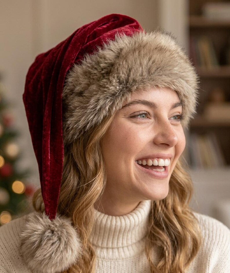 Puede incluir: Un gorro de Pap&aacute; Noel de terciopelo rojo intenso con un borde grueso y esponjoso de piel sint&eacute;tica beige en la base y un pomp&oacute;n de piel sint&eacute;tica beige a juego en la punta. El gorro tiene un acabado de tela suave y una forma puntiaguda.