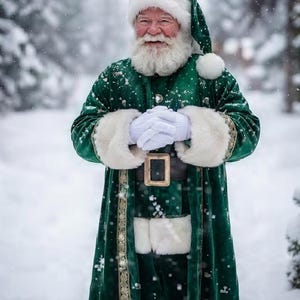 May include: A figure dressed in a long, deep green velvet coat with white faux fur trim on the cuffs, hem, and collar. The coat features a dark brown belt with a large rectangular brass buckle. A matching green hat with white fur trim is worn.