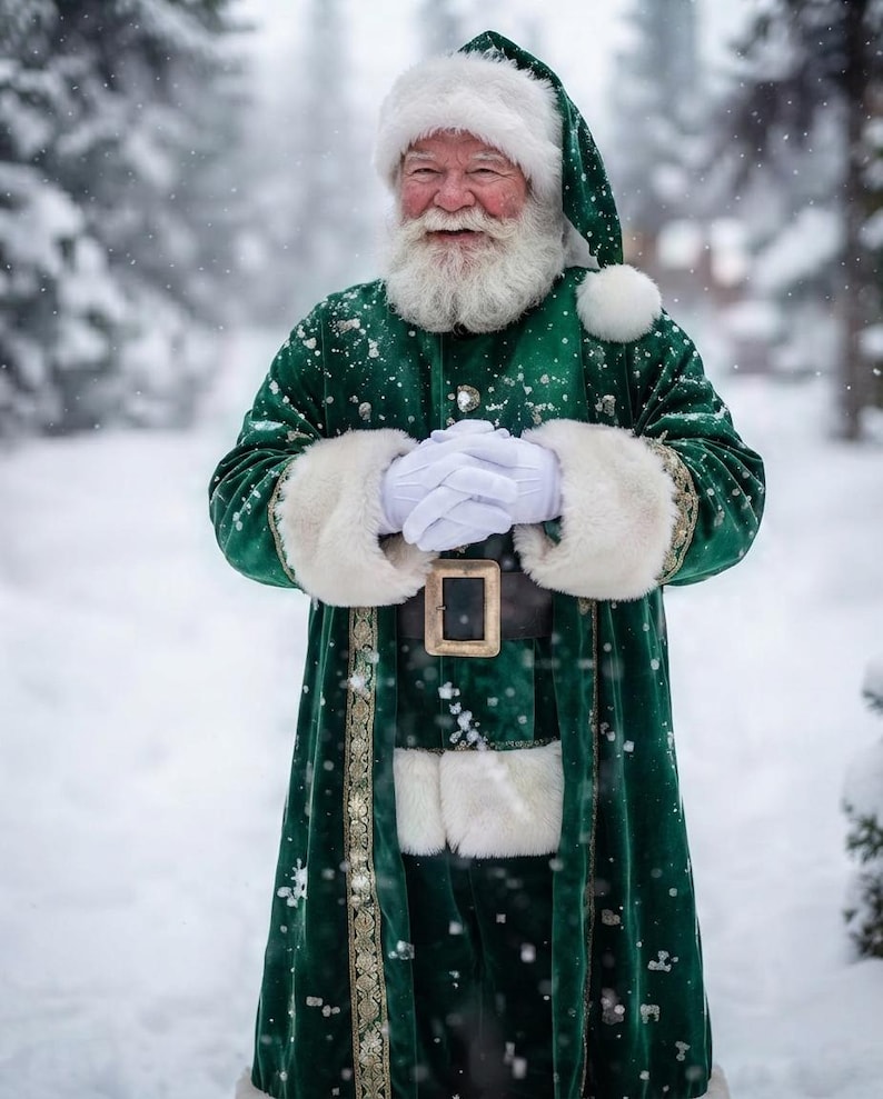 May include: A figure dressed in a long, deep green velvet coat with white faux fur trim on the cuffs, hem, and collar. The coat features a dark brown belt with a large rectangular brass buckle. A matching green hat with white fur trim is worn.