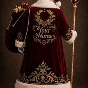 May include: A deep red velvet coat with white faux fur trim, featuring gold embroidered holly and the text Your Name on the back. The coat is worn with a matching hat, a large red velvet sack filled with gold gift boxes, and a tall gold staff.