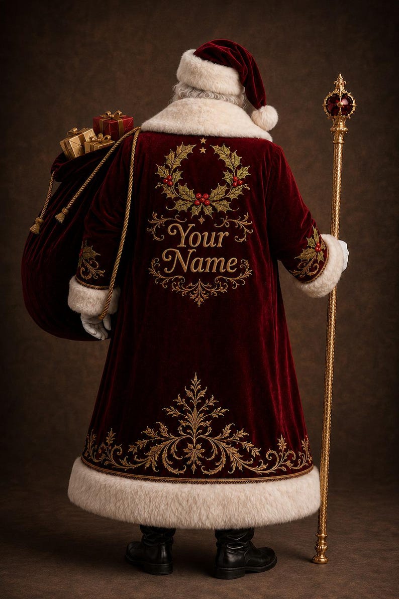 May include: A deep red velvet coat with white faux fur trim, featuring gold embroidered holly and the text Your Name on the back. The coat is worn with a matching hat, a large red velvet sack filled with gold gift boxes, and a tall gold staff.