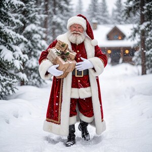May include: Santa Claus wearing a red velvet coat with white fur trim, a matching hat, and black boots. Santa has a white beard and is holding several brown paper-wrapped gifts tied with twine and decorated with small pine cones and green leaves.