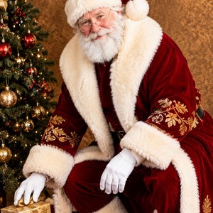 May include: Santa Claus wearing a deep red velvet coat with thick white faux fur trim and gold floral embroidery, a matching hat with a holly sprig, white gloves, and black boots, kneeling beside several wrapped gift boxes with gold ribbons.