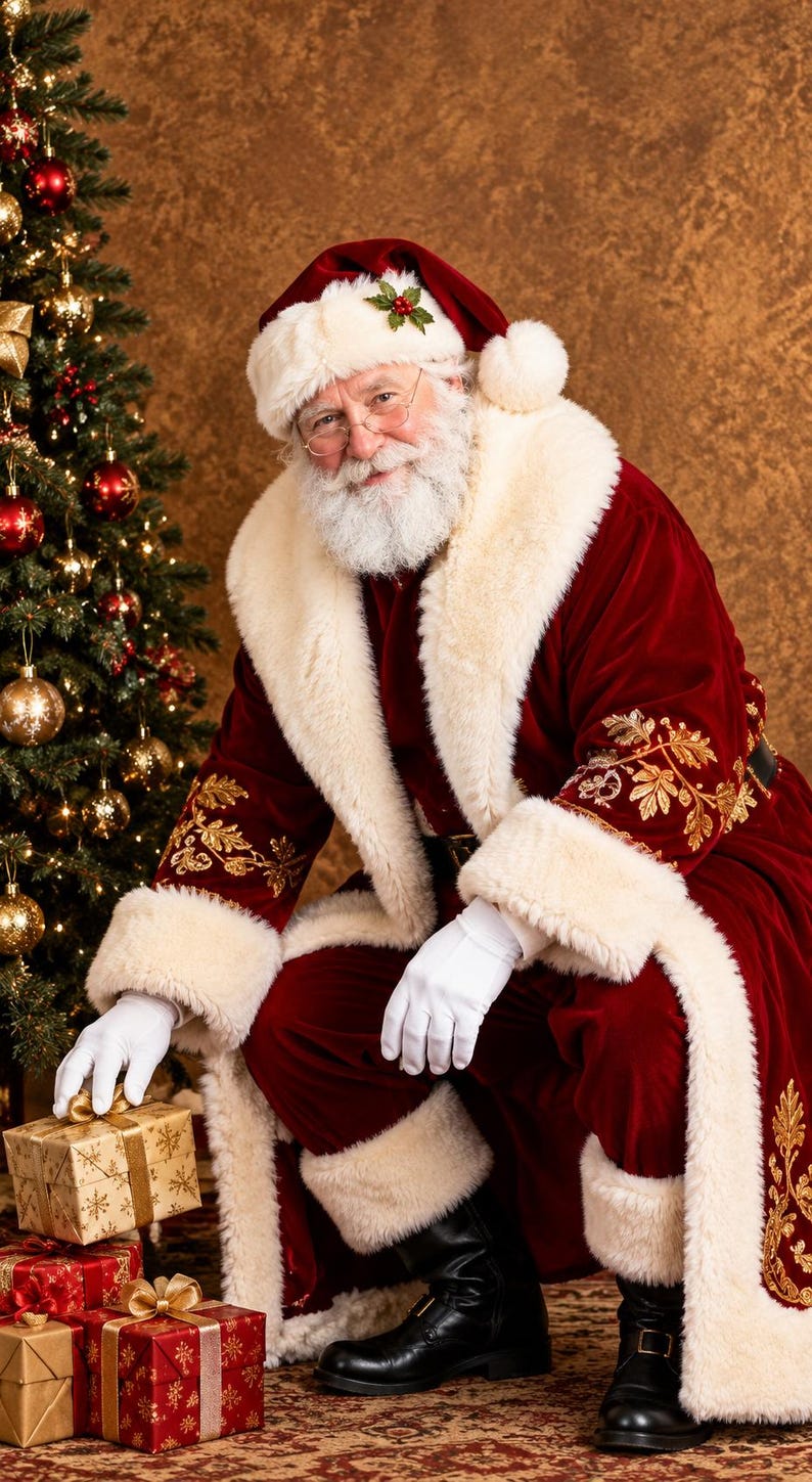 May include: Santa Claus wearing a deep red velvet coat with thick white faux fur trim and gold floral embroidery, a matching hat with a holly sprig, white gloves, and black boots, kneeling beside several wrapped gift boxes with gold ribbons.