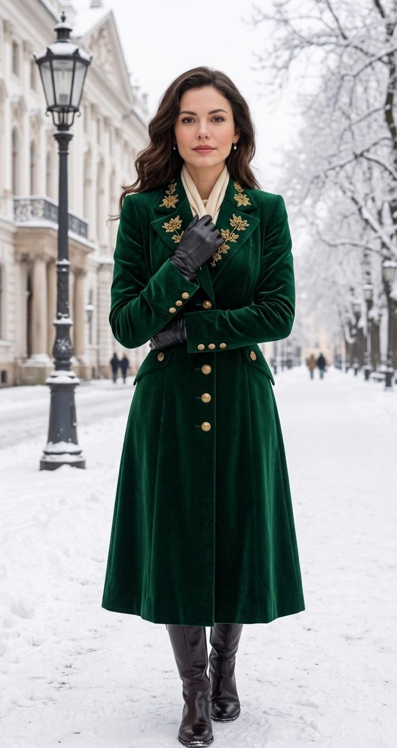 May include: A long, dark green velvet coat featuring gold-toned buttons down the front and on the cuffs, with intricate gold embroidery on the lapels. The coat is worn with black leather gloves and dark brown leather knee-high boots.