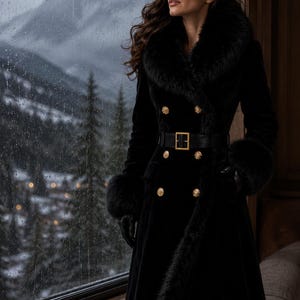 May include: A long black velvet coat featuring a thick faux fur collar and cuffs, a black leather belt with a gold-tone buckle, and two rows of gold-tone buttons. The coat is worn with dark sunglasses and black gloves, creating a sophisticated look.