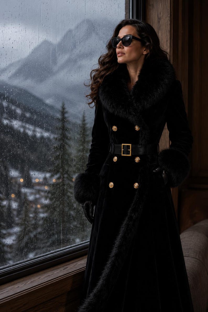 May include: A long black velvet coat featuring a thick faux fur collar and cuffs, a black leather belt with a gold-tone buckle, and two rows of gold-tone buttons. The coat is worn with dark sunglasses and black gloves, creating a sophisticated look.