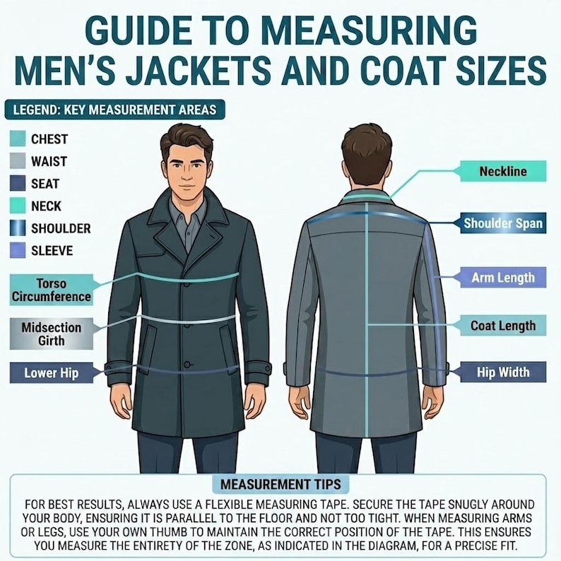 May include: An instructional diagram titled GUIDE TO MEASURING JACKETS AND COAT SIZES. It features front and back illustrations of a person wearing a dark coat, with color-coded lines indicating measurement areas like chest, waist, seat, neck, shoulder, and sleeve.