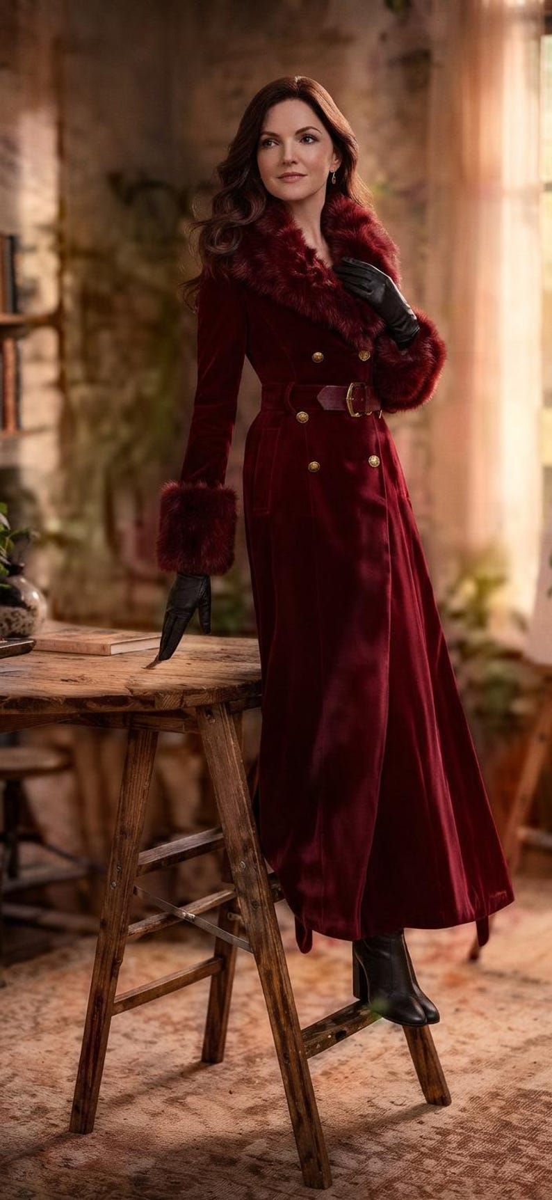 May include: A long, deep red velvet coat featuring a wide faux fur collar and matching faux fur cuffs. The coat is double-breasted with gold-toned buttons, a matching fabric belt with a gold buckle, and is paired with black leather gloves and boots.