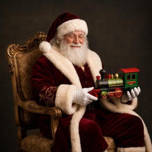 May include: Santa Claus with a white beard and glasses, wearing a red velvet suit with white fur trim and white gloves, holding a small green, black, and red toy steam locomotive train with gold accents while sitting in an ornate chair.