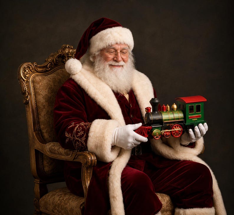 May include: Santa Claus with a white beard and glasses, wearing a red velvet suit with white fur trim and white gloves, holding a small green, black, and red toy steam locomotive train with gold accents while sitting in an ornate chair.