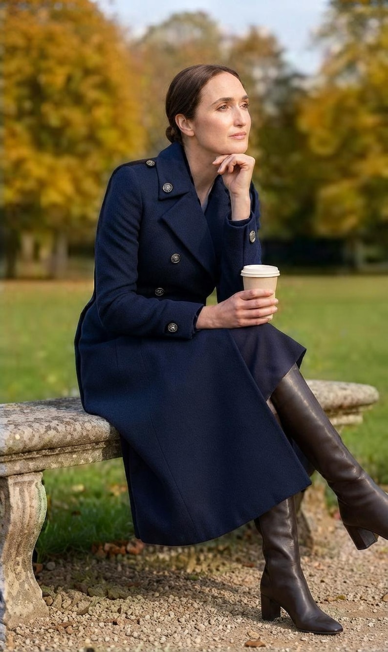 May include: A navy blue double-breasted wool coat featuring silver-toned buttons on the front, shoulders, and cuffs, paired with dark brown leather knee-high boots. The coat has a structured collar, long sleeves, and a tailored fit that reaches below the knee.