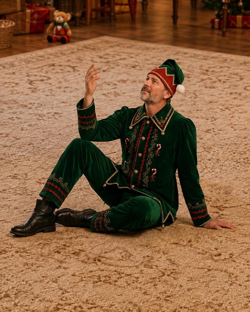 May include: A dark green velvet elf costume featuring a long-sleeved jacket with gold buttons, candy cane embroidery, and a pointed hat with a white pom-pom. The outfit includes matching green velvet trousers with red and gold trim at the cuffs.