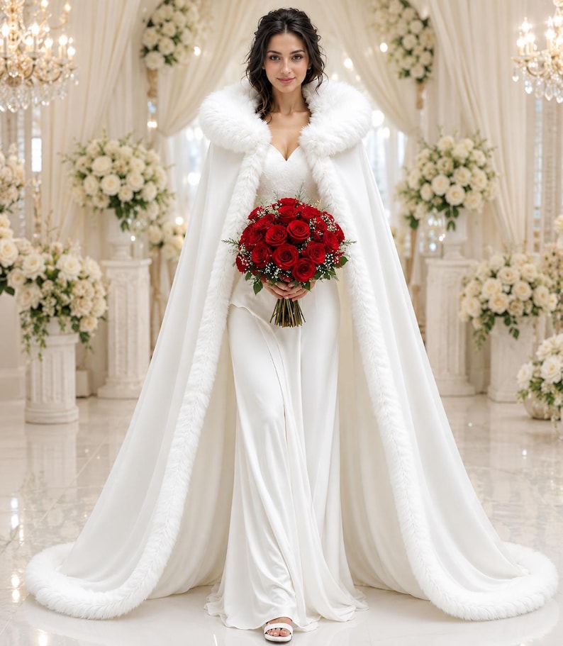 May include: A floor-length white bridal gown featuring a sweetheart neckline and a long, flowing white cape with a thick, plush white faux fur trim along the hood and front edges, paired with a vibrant bouquet of deep red roses and greenery.