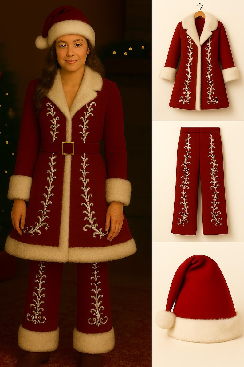Puede incluir: Un abrigo rojo oscuro con ribete de piel sint&eacute;tica blanca, cintur&oacute;n a juego y bordado floral blanco. El conjunto incluye pantalones rojos largos con pu&ntilde;os de piel blanca y bordado, adem&aacute;s de un gorro rojo con borde de piel.