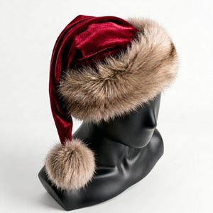 Luxury Red Santa Hat with Plush Fur Trim, Elegant Christmas Headwear, Festive Winter Holiday Hat image 11