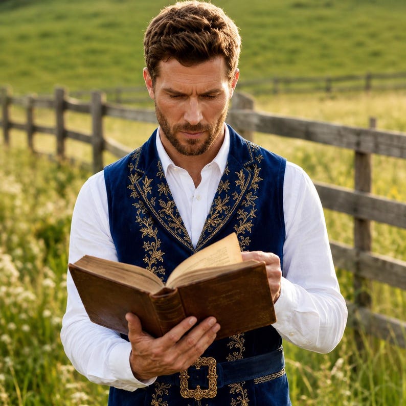 May include: A white long-sleeved button-down shirt worn under a deep blue velvet vest featuring intricate gold floral embroidery along the lapels and a matching gold buckle belt, while holding an open, weathered brown leather-bound book.