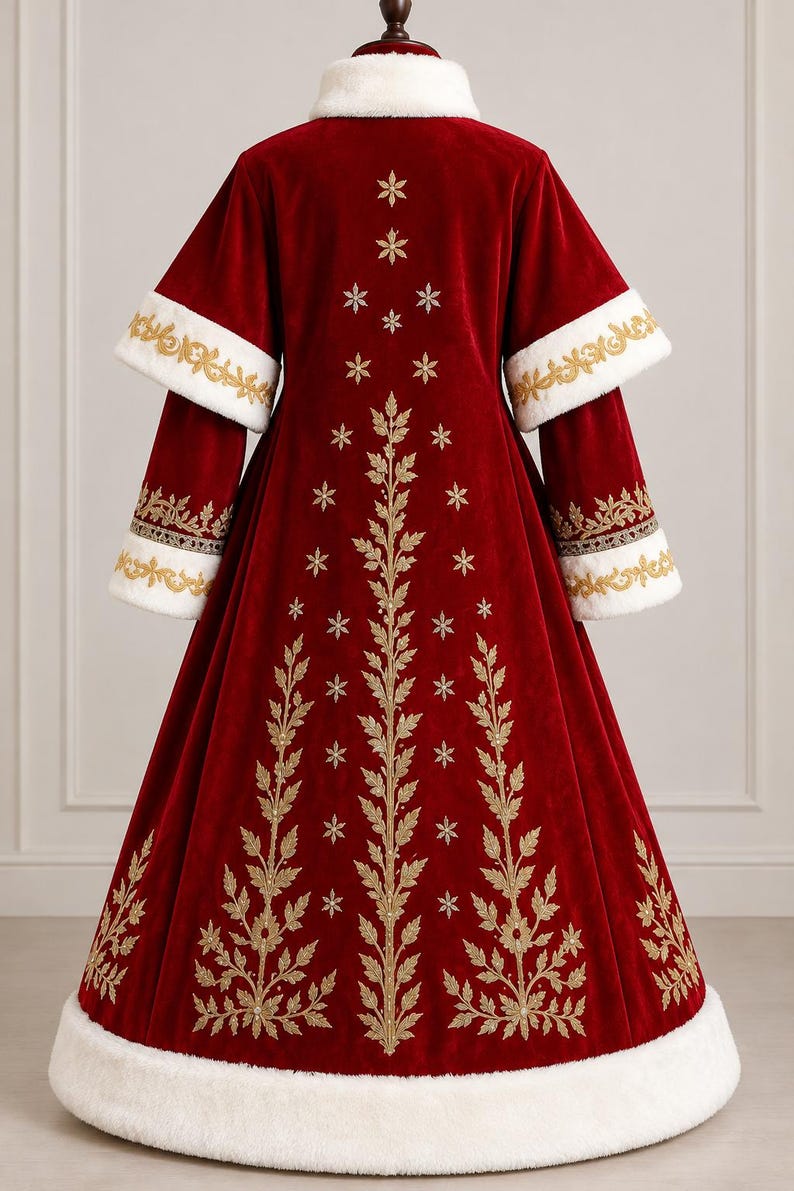 May include: A floor-length deep red velvet coat featuring a white faux fur collar and hem. The sleeves have white faux fur cuffs with gold embroidery. The back is decorated with vertical gold embroidered branches and small star-shaped motifs.