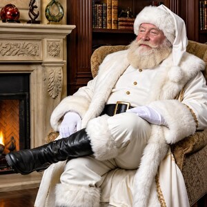 May include: A Santa Claus figure wearing a long white coat with thick white fur trim, matching white trousers, a white hat with a fur pom-pom, white gloves, and tall black leather boots. The outfit features gold buttons and a black leather belt.