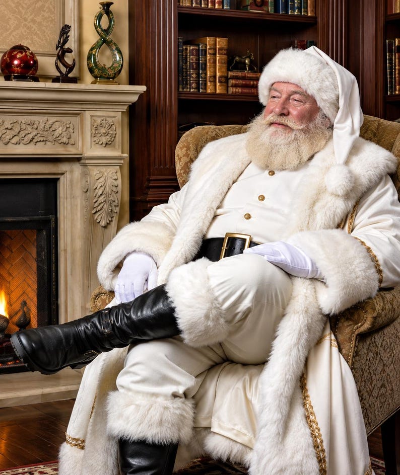 May include: A Santa Claus figure wearing a long white coat with thick white fur trim, matching white trousers, a white hat with a fur pom-pom, white gloves, and tall black leather boots. The outfit features gold buttons and a black leather belt.