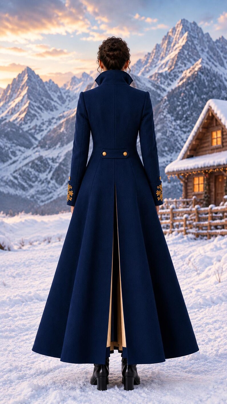 May include: A floor-length navy blue coat featuring a high collar, long sleeves with gold embroidery at the cuffs, and a back vent revealing a beige lining. The waist is accented with a horizontal tab featuring two gold buttons, and black boots.